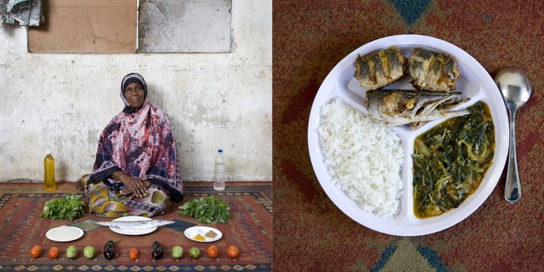 Рис, рыба и овощи в соусе зелёного Манго