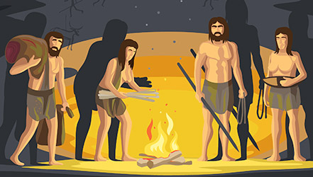 Пещерные люди готовят ужин на костре